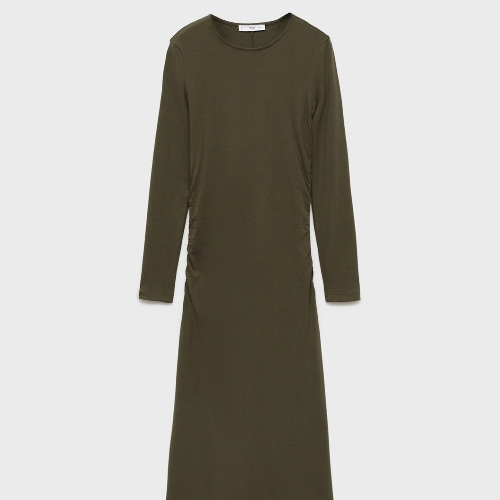 Mango Olive Green Long Sleeve Midi Dress